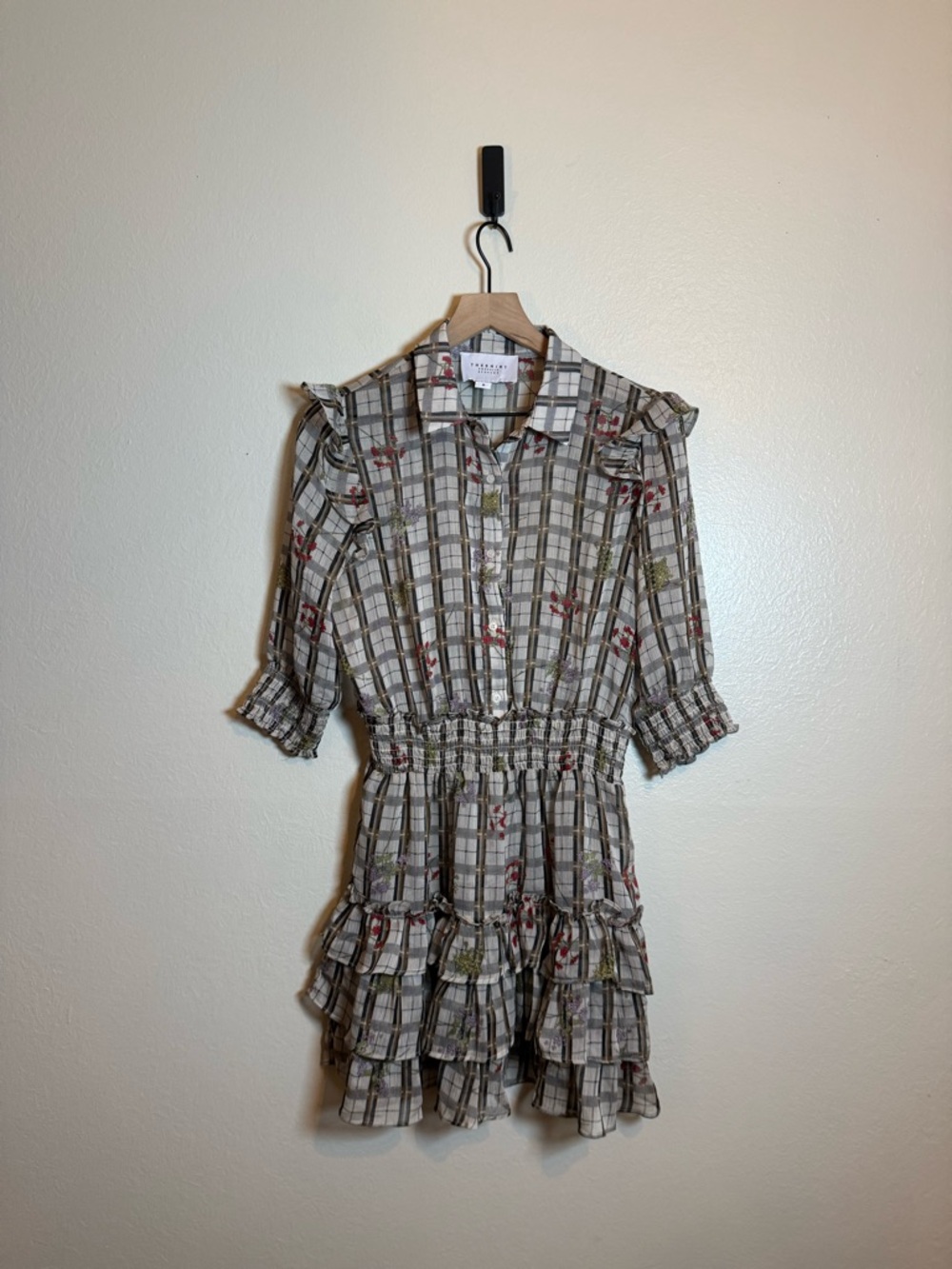 The Shirt by Rochelle Behrens Smocked Tiered Mini Dress Plaid Print